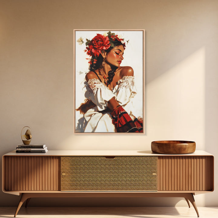 Mexican Floral Latina Portrait Canvas Print, Romatic Mariachi Wall Decor, Southwestern Modern Art, Rustic Mexicano Wall Art, Chicano Painting