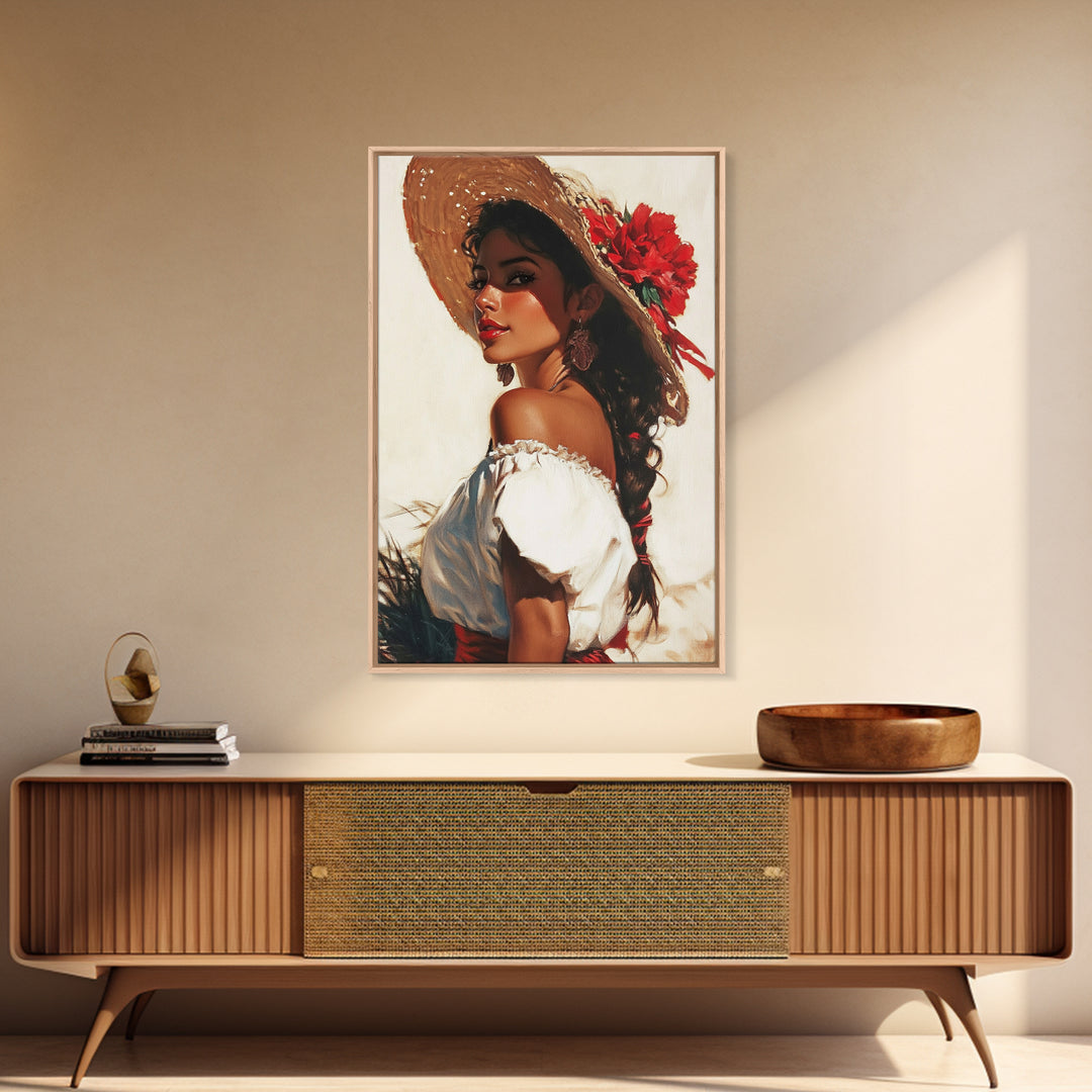 Mexicano Latina Portrait Canvas Print, Romantic Mariachi Wall Decor, Southwestern Modern Art, Rustic Mexicano Wall Art, Chicano Painting