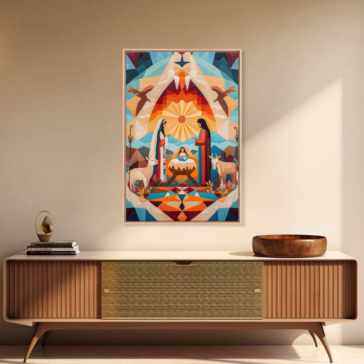 Art Deco Abstract Nativity Painting Print, Canvas Art, Rustic Christmas Wall Art, Christmas Decor, Christmas Painting, Xmas Decor