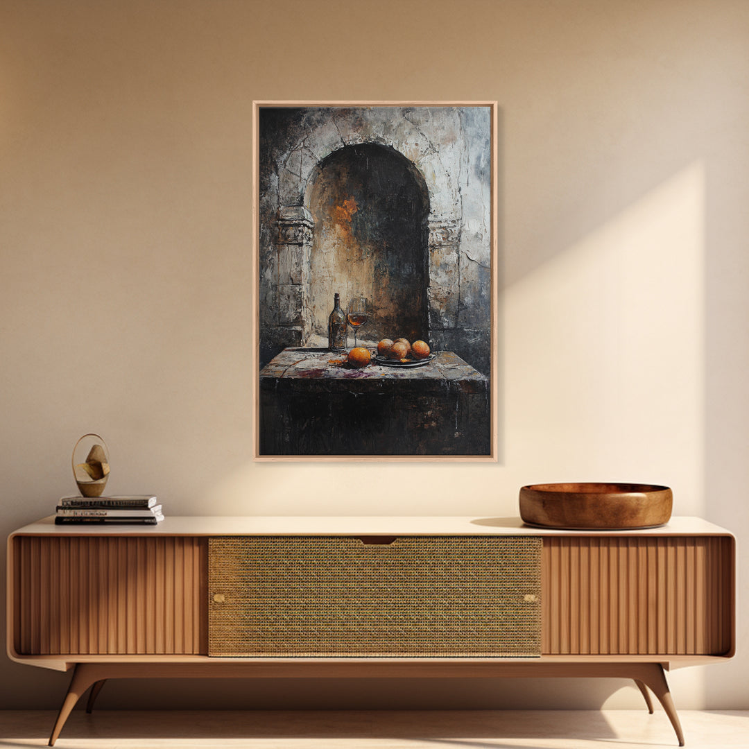 Medieval Kitchen Wall Art, Rustic Home Decor, Framed Canvas Print, Kitchen Home Decor, Dining Room Wall Art, Wine and Fruit Still Life Painting