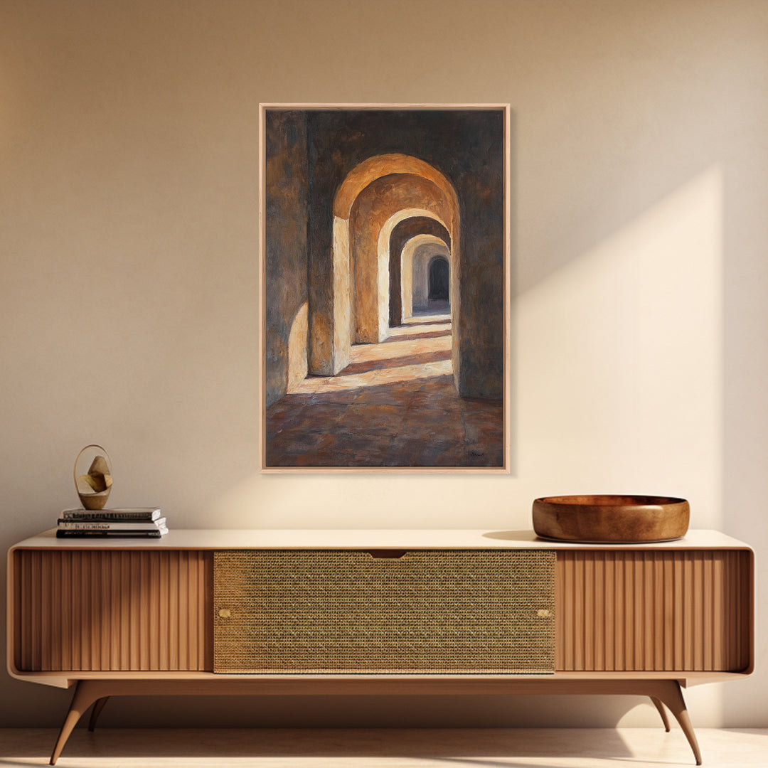 Sunlight Peaks Through the Pillars, Framed Canvas Print, Moroccan Style Wall Art, Moroccan Painting, Paint of Morocco