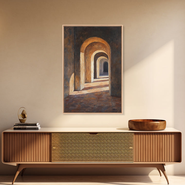 Sunlight Peaks Through the Pillars, Framed Canvas Print, Moroccan Style Wall Art, Moroccan Painting, Paint of Morocco
