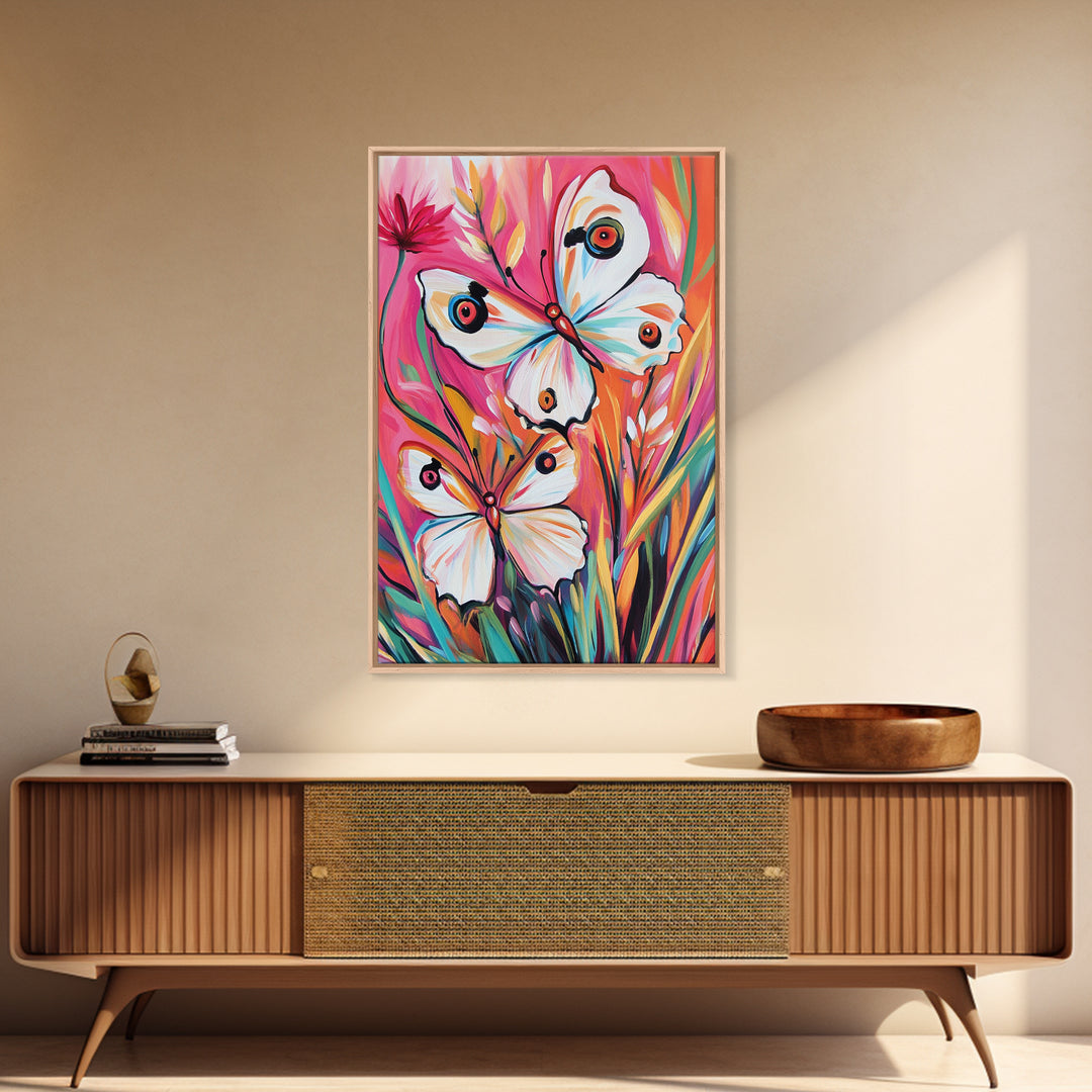 Abstract Painting Print of White Butterflies on Pink Background, Home Decor, Preppty Wall Art, Framed Canvas Print
