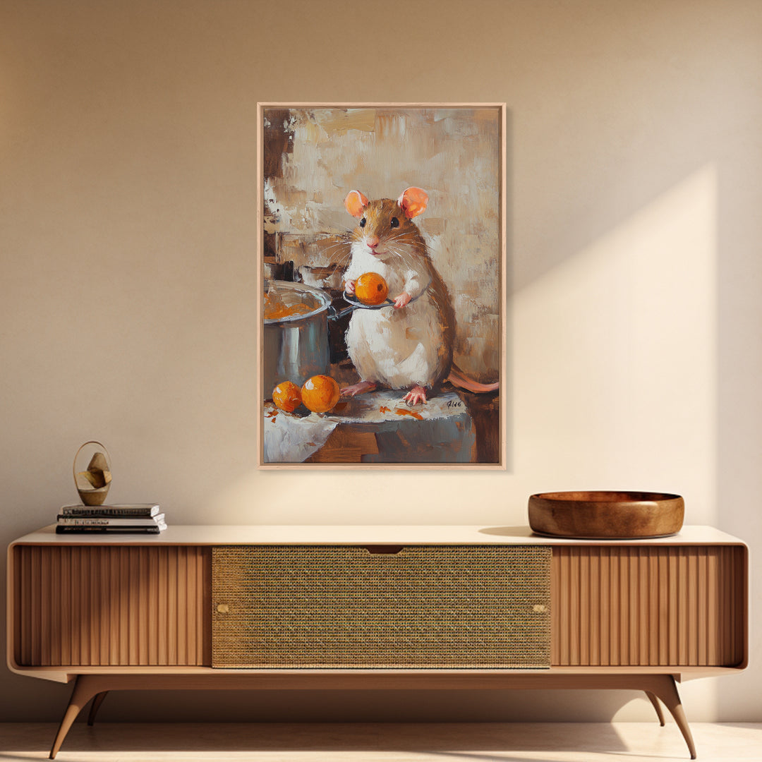 Rats with Jobs, Framed Canvas Print, Rat Painting, The Rat Chef, Cute Rat Home Decor, Rat Cooking Stew