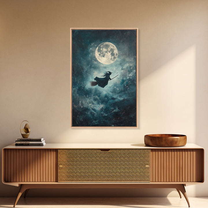 Witchy Decor, Witch Wall Art, Witch Riding a Broom Under a Full Moon, Witch Painting, Framed Canvas Print, Witchy Wall Art, Halloween Decor