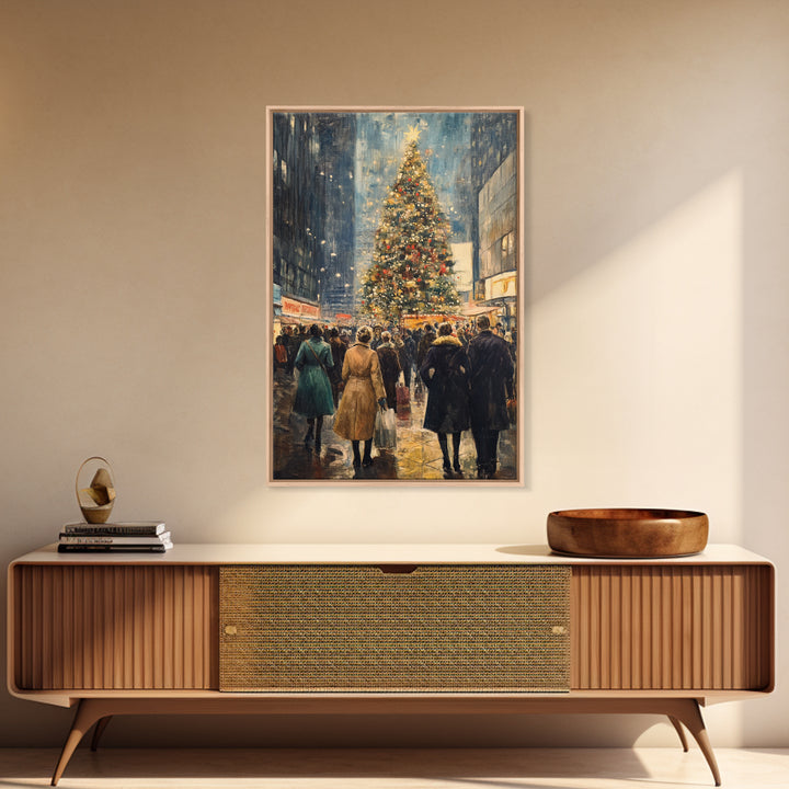 Christmas Village Wall Art Canvas print - Christmas Painting - Christmas Shopeprs in NYC in the 1950s - Christmas Decor - Winter Wall Art