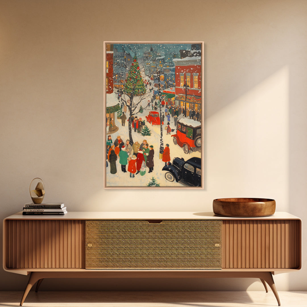 Christmas Village Home Decor - Framed Canvas Print - Retro Christmas Village Painting - Christmas Shoppers Painting - Retro Christmas Decor
