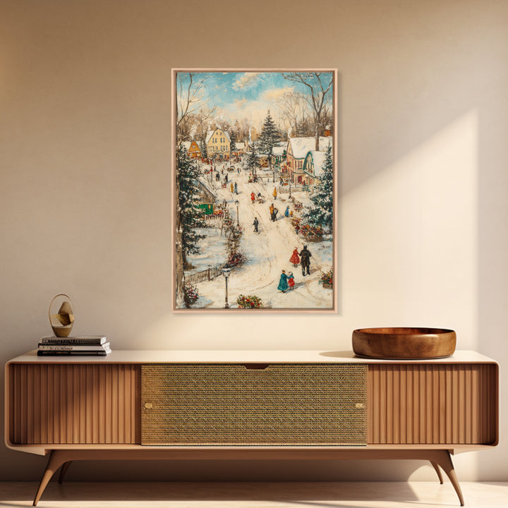 Christmas Village Mantle Painting, Christmas Mantle Wall Art, Framed Canvas Print, Retro Christmas, Vintage Christmas Painting Wall Art