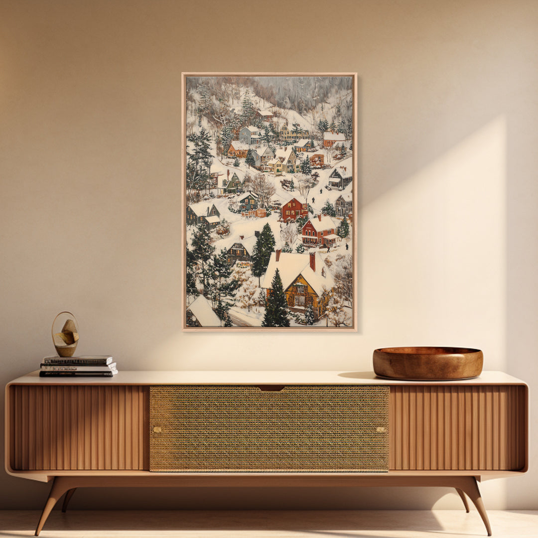 Christmas Village Covered in Snow, Framed Canvas Print, Christmas Oil painting print, Vintage Christmas Art Print, Christmas Wall Art