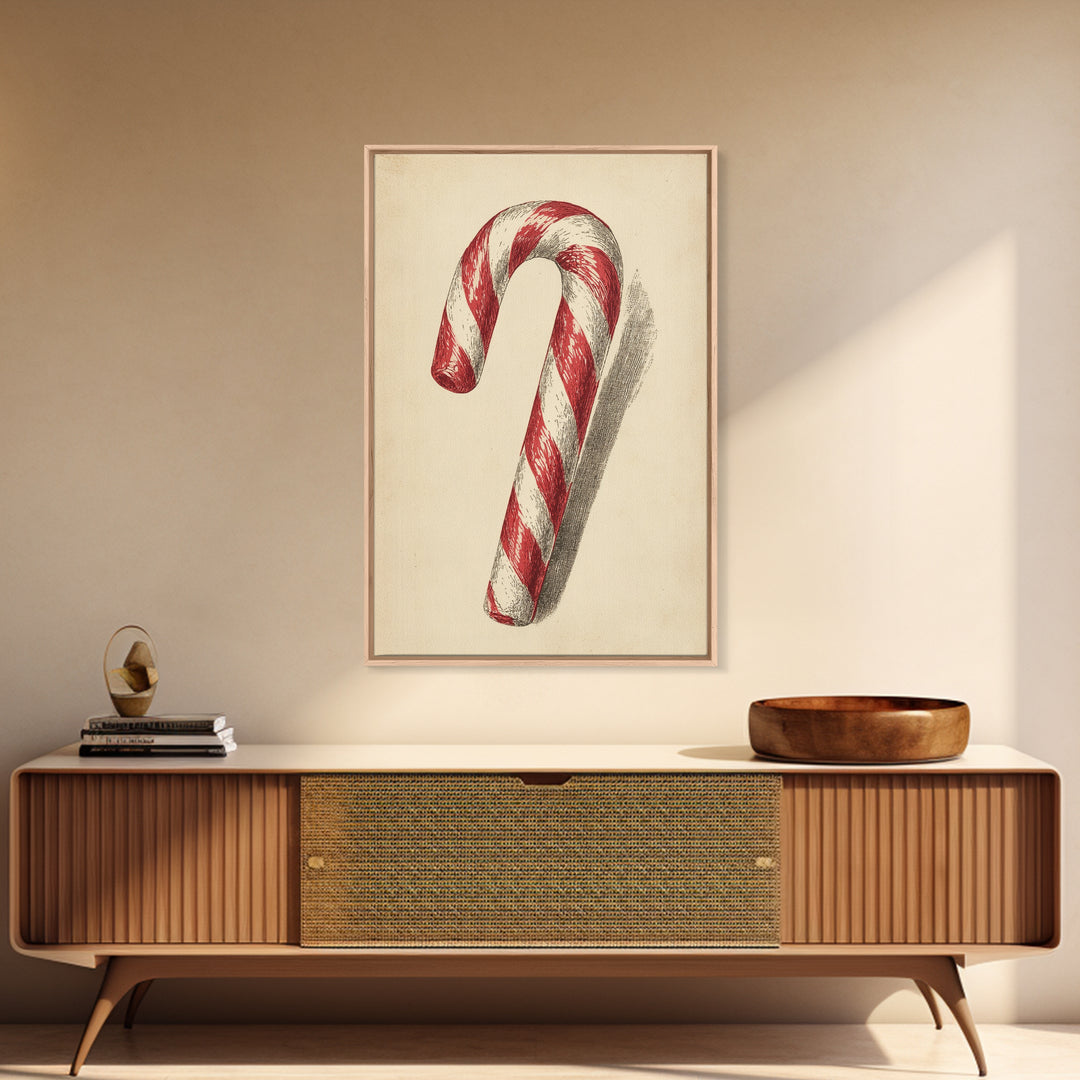 Christmas Wall Art - Candy Cane Sketch - Framed Canvas Print - Candy Cane Decor - Christmas Home Decor