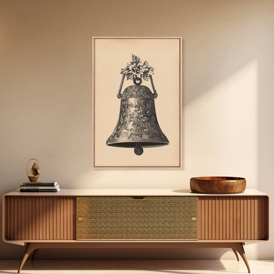 Boho Christmas Bell Painting Print - Framed Canvas - Minimalist Christmas Art - Boho Christmas Art - Rustic Christmas Art