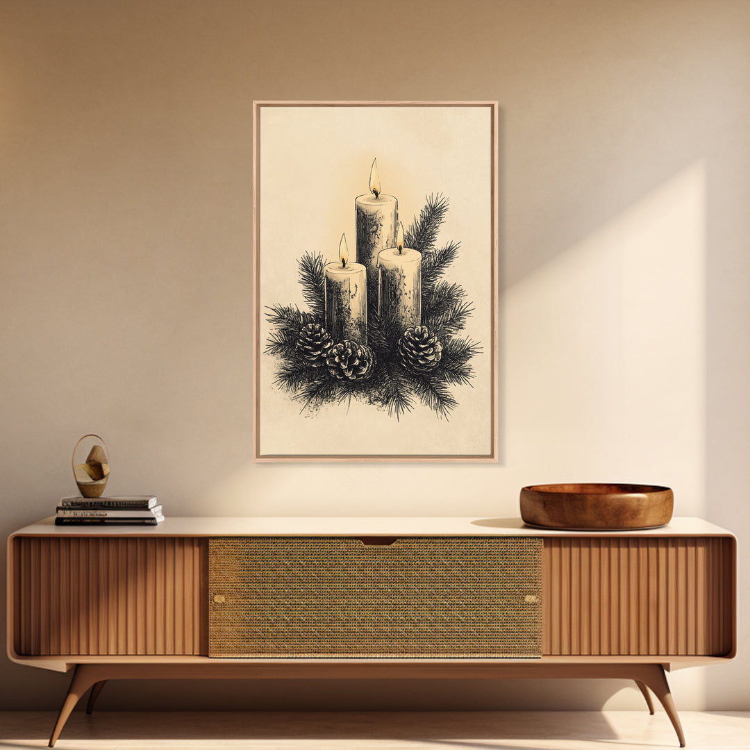 Boho Christmas Candles Canvas Print - Framed Canvas - Minimalist Christmas Art - Boho Christmas Art - Rustic Christmas Art