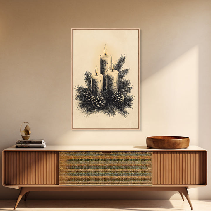 Boho Christmas Candles Canvas Print - Framed Canvas - Minimalist Christmas Art - Boho Christmas Art - Rustic Christmas Art