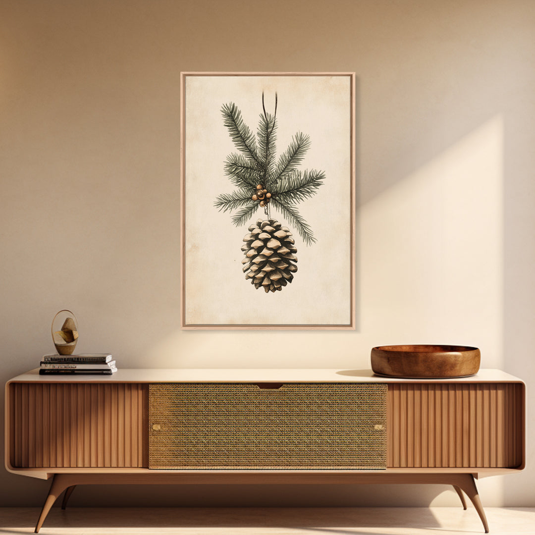 Boho Christmas Pinecone Canvas Print - Framed Canvas - Minimalist Christmas Art - Boho Christmas Art - Rustic Christmas Art