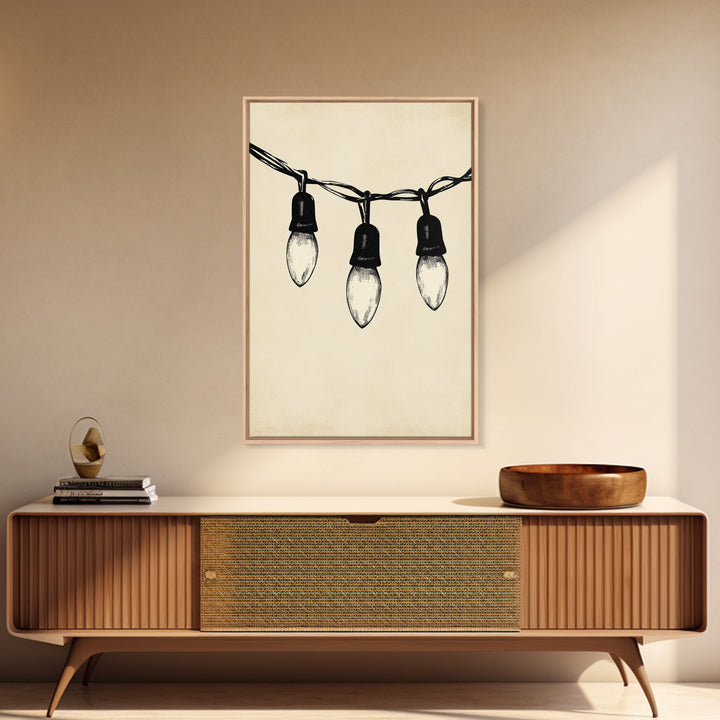 Black and White Sketch of Christmas Lights Canvas Print - Framed Canvas - Minimalist Christmas Art - Boho Christmas Art - Rustic Christmas Art