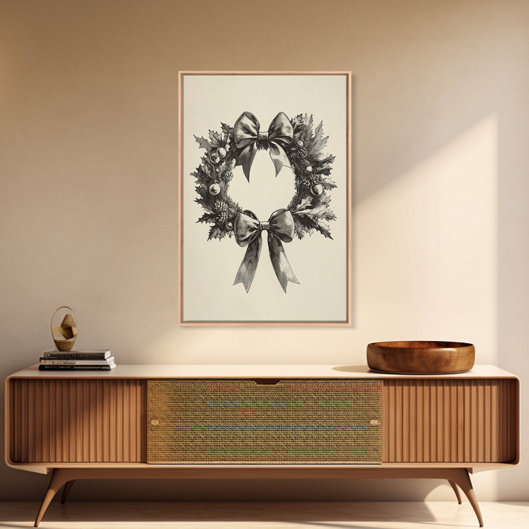 Sketch of a Christmas Wreath Canvas Print - Framed Canvas - Minimalist Christmas Art - Boho Christmas Art - Rustic Christmas Art