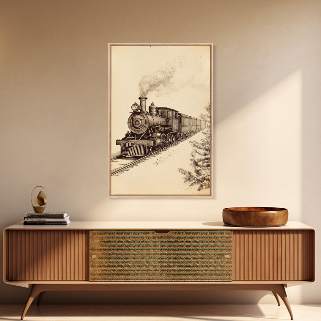 Boho Christmas Train Canvas Print - Framed Canvas - Minimalist Christmas Art - Boho Christmas Art - Rustic Christmas Art