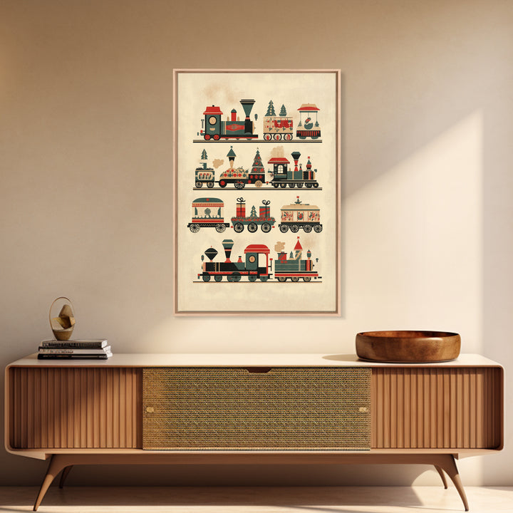 Cute Christmas Trains Canvas Print - Framed Canvas - Minimalist Christmas Art - Boho Christmas Art - Rustic Christmas Art