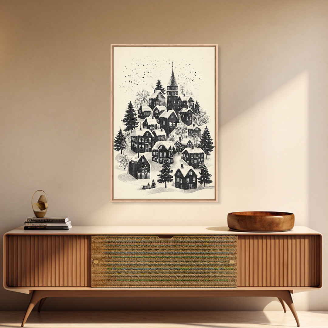 Black and White Sketch of A Christmas Village Canvas Print - Framed Canvas - Minimalist Christmas Art - Boho Christmas Art - Rustic Christmas Art
