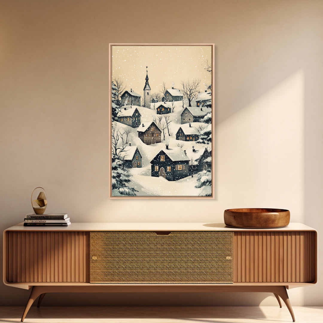 Christmas Village Canvas Print - Framed Canvas - Minimalist Christmas Art - Boho Christmas Art - Rustic Christmas Art