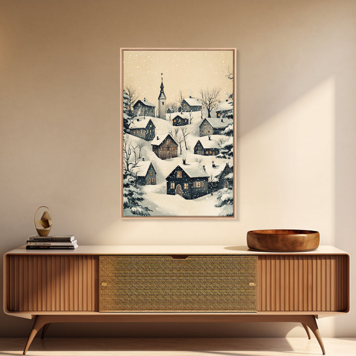 Christmas Village Canvas Print - Framed Canvas - Minimalist Christmas Art - Boho Christmas Art - Rustic Christmas Art