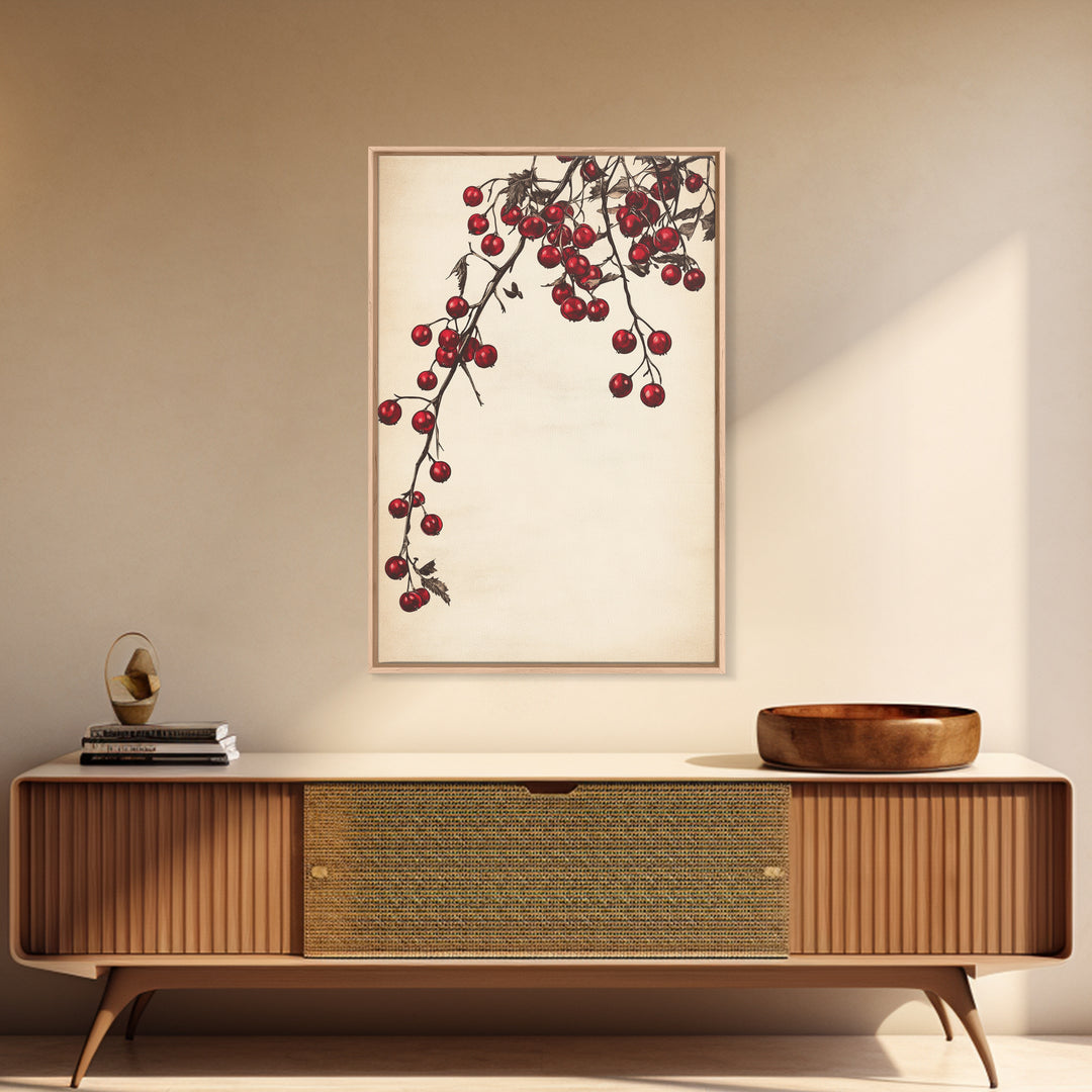 Red Holly Berries Canvas Print - Framed Canvas - Minimalist Christmas Art - Boho Christmas Art - Rustic Christmas Art