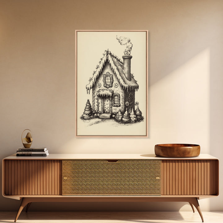 Vintage Gingerbread House Canvas Print - Framed Canvas - Minimalist Christmas Art - Boho Christmas Art - Rustic Christmas Art