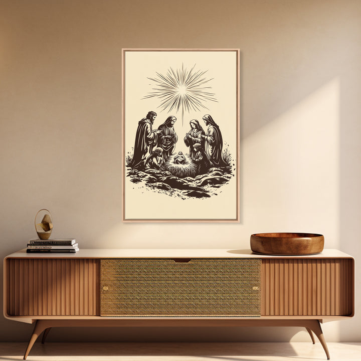 Nativity Scene Canvas Print - Framed Canvas - Minimalist Christmas Art - Boho Christmas Art - Rustic Christmas Art - Nativity Painting