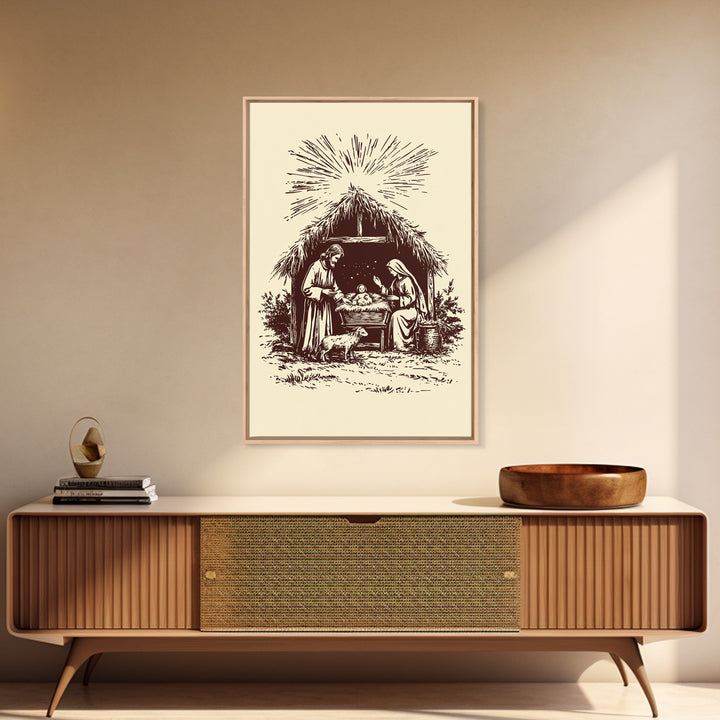 Retro Nativity Scene Canvas Print - Framed Canvas - Minimalist Christmas Art - Boho Christmas Art - Rustic Christmas Art