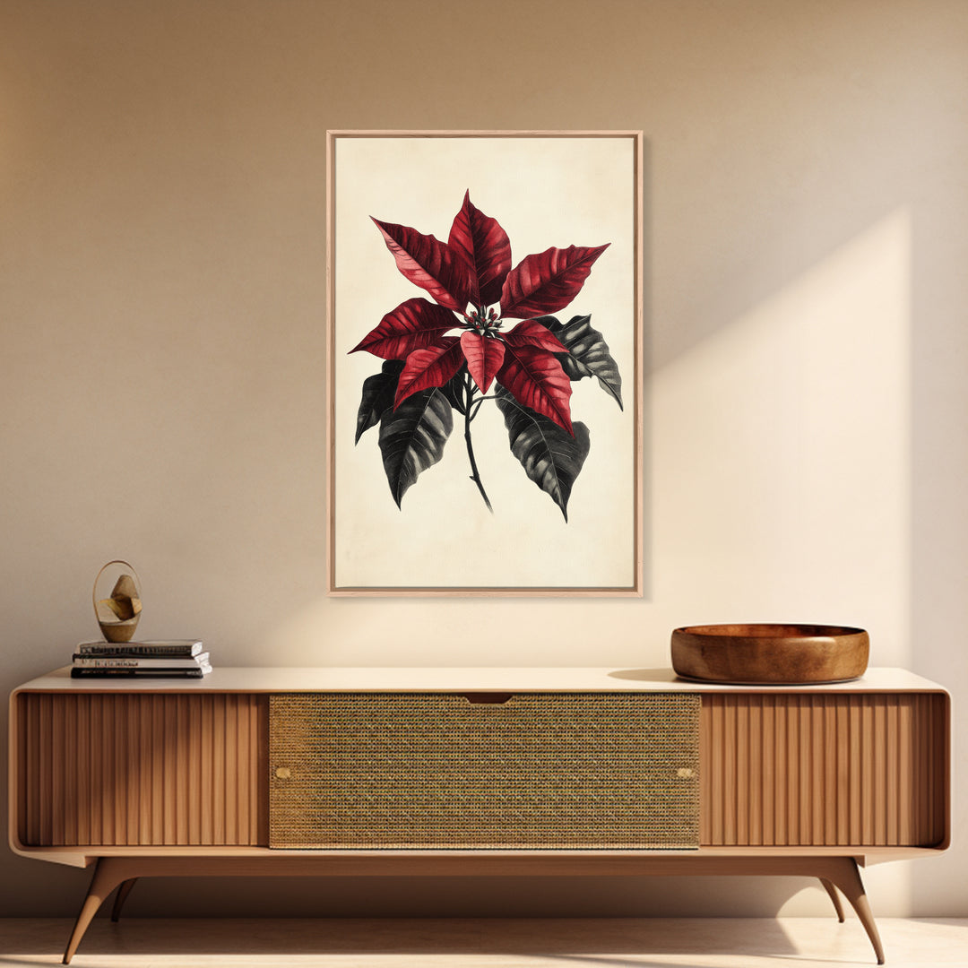 Christmas Poinsetta Canvas Print - Framed Canvas - Minimalist Christmas Art - Boho Christmas Art - Rustic Christmas Art