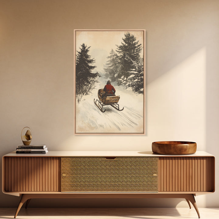 Christmas Sleigh Ride Canvas Print - Framed Canvas - Minimalist Christmas Art - Boho Christmas Art - Rustic Christmas Art