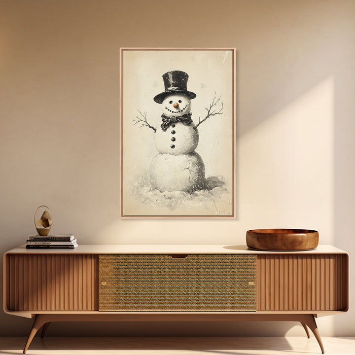 Retro Snowman Canvas Print - Framed Canvas - Minimalist Christmas Art - Boho Christmas Art - Rustic Christmas Art