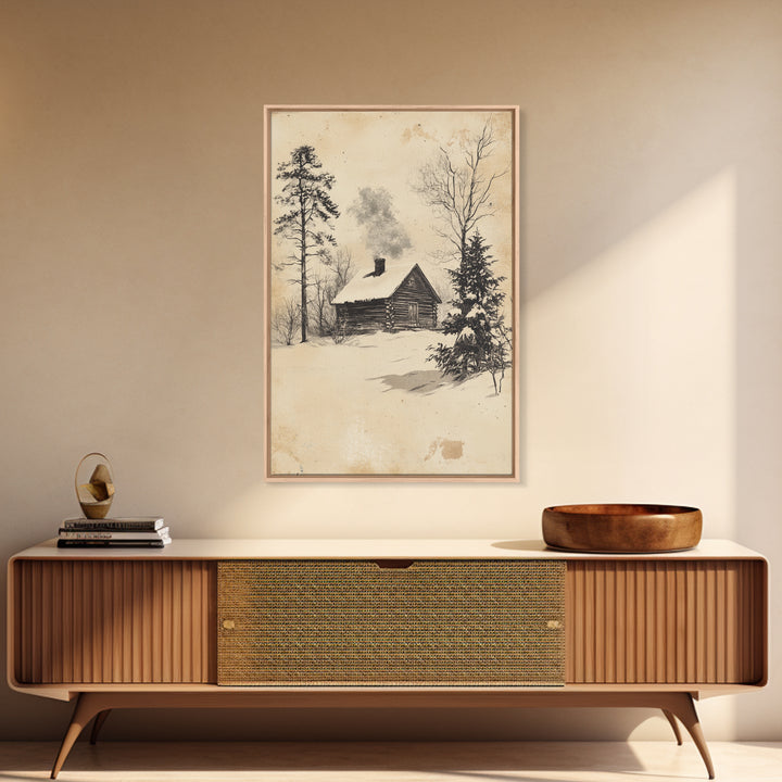 Christmas Cabin Canvas Print - Framed Canvas - Minimalist Christmas Art - Boho Christmas Art - Rustic Christmas Art