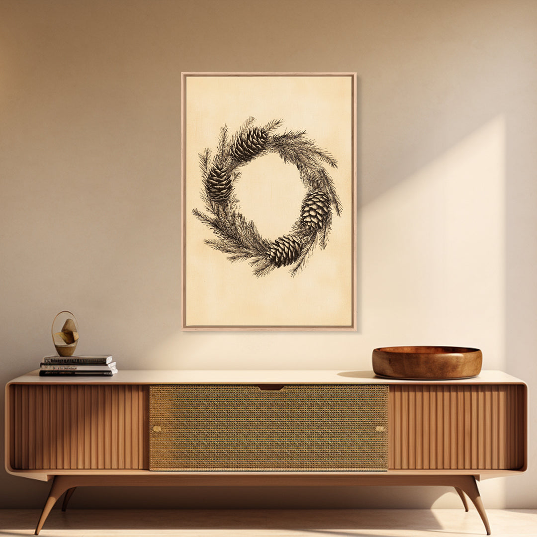 Christmas Wreath Canvas Print - Framed Canvas - Minimalist Christmas Art - Boho Christmas Art - Rustic Christmas Art