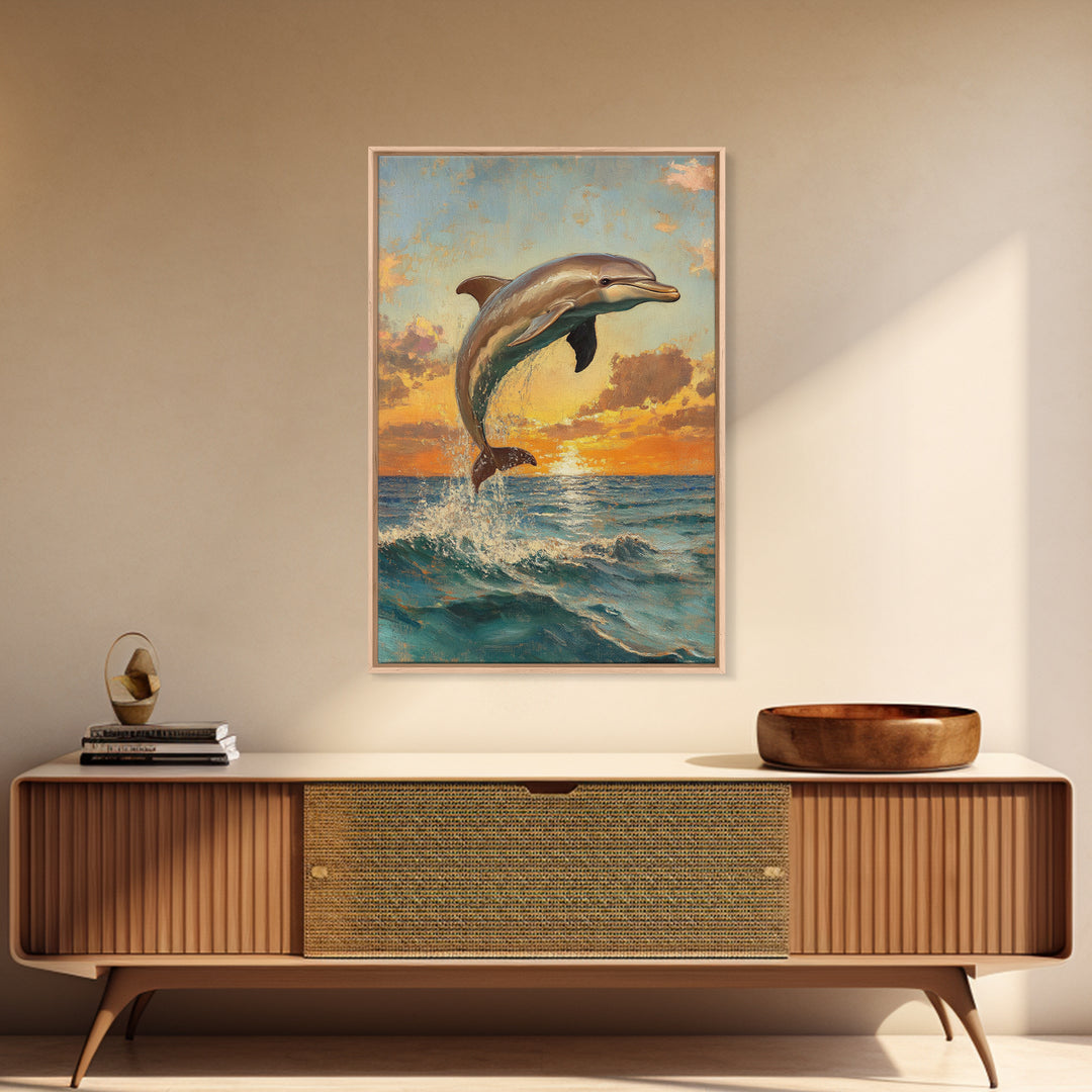 Dolphin Jumping At Sunset, Framed Canvas Print, Dolphin Painting, Dolphin Decor, Dolphin Wall Art