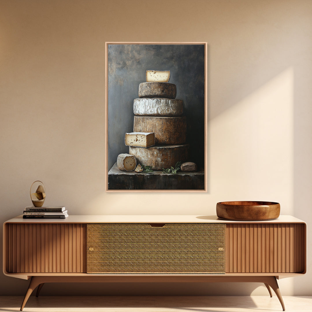 Cheese Wall Art Framed Canvas Print, Cheese Still Life, Cheese Painting, Kitchen Decor, Dining Room Wall Art, Rustic Farmhouse Kitchen Art