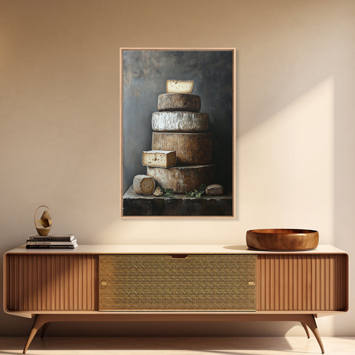 Cheese Wall Art Framed Canvas Print, Cheese Still Life, Cheese Painting, Kitchen Decor, Dining Room Wall Art, Rustic Farmhouse Kitchen Art