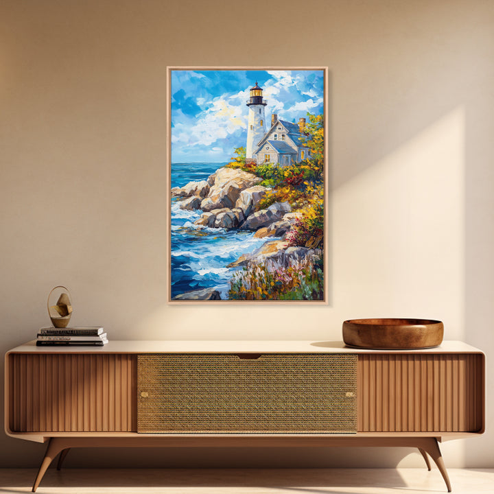 Lighthouse in Maine Framed Canvas Print, Maine Oil Painting, Coastoal Home Decor, Nautical Wall Art, Light House Oil Painting