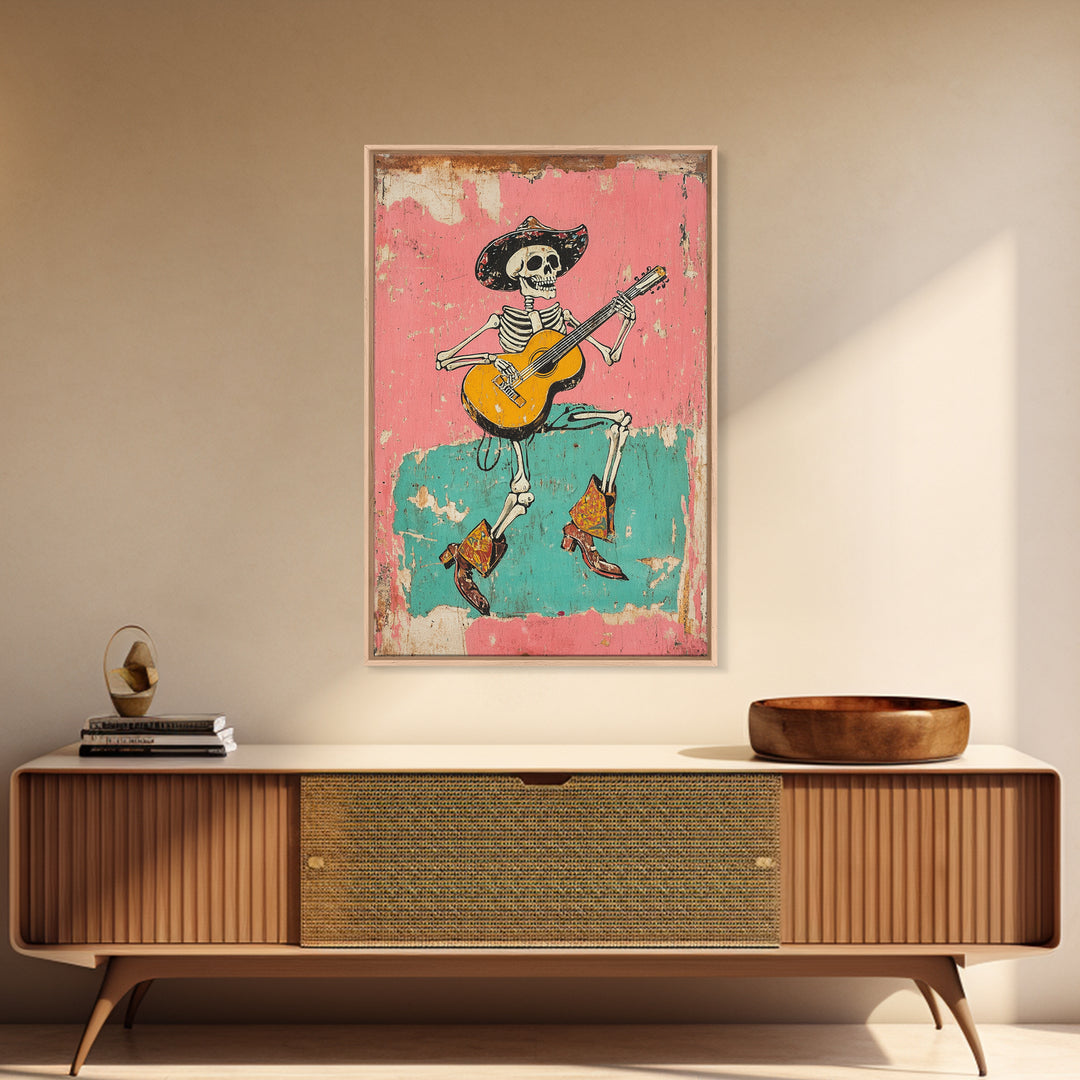 Retro Vaquero Skeleton Art Print, Canvas Art, Chicano Art, Spooky Mexican Art, Sugar Skull Art