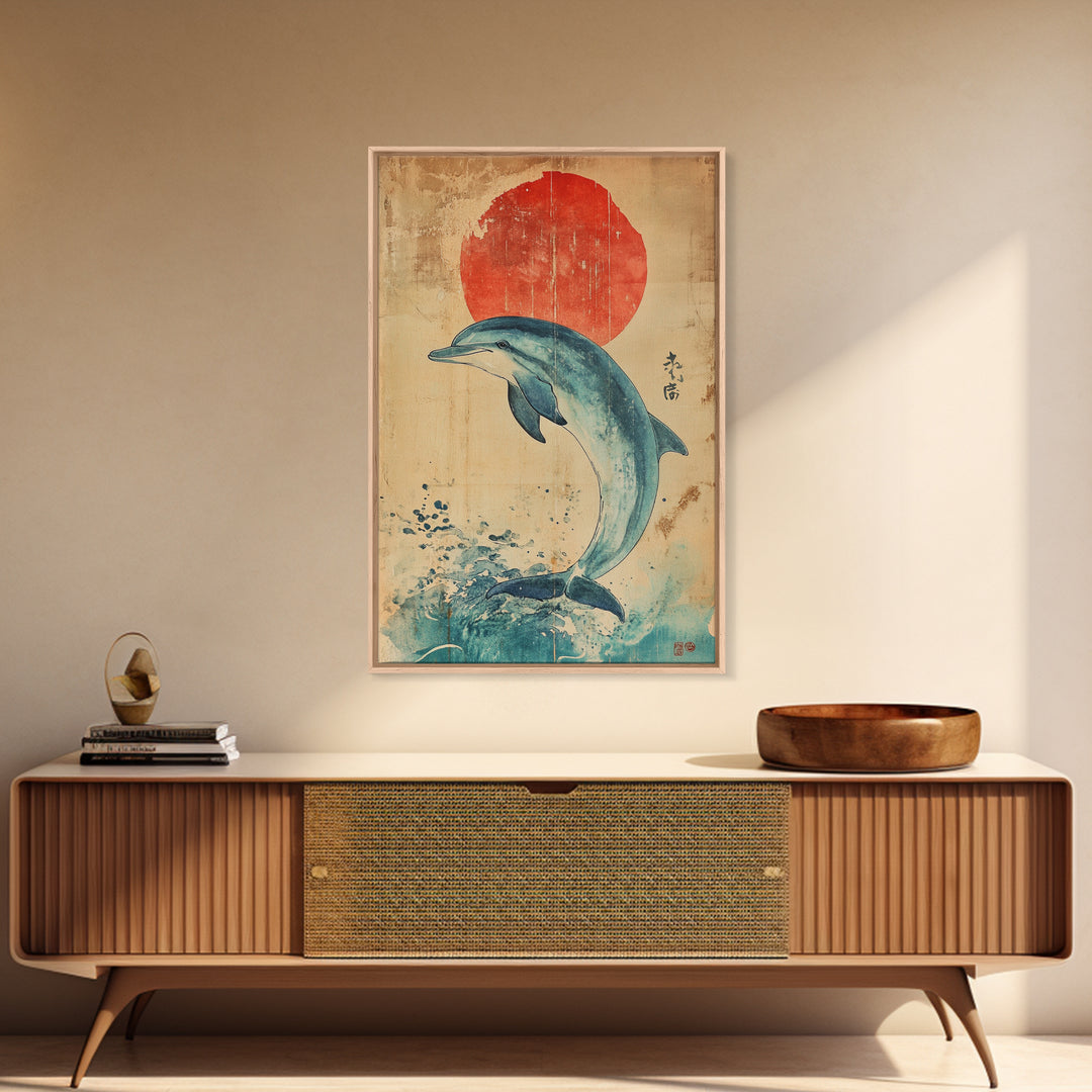 Dolphin Jumping Under A Sunset Over the Ocean Framed Canvas Print, Wabi Sabi Nautical Home Decor, Minimalist Wall Art, Office Decor