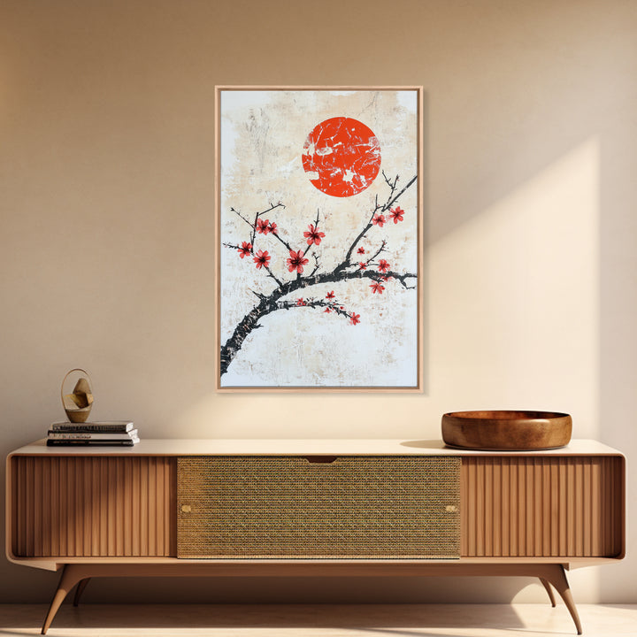 Cherry Blossoms and Sunset Framed Canvas Print - Minimalist Wabi Sabi Wall Art - Cherry Blossoms Painting - Home Decor - Japanese Style Art