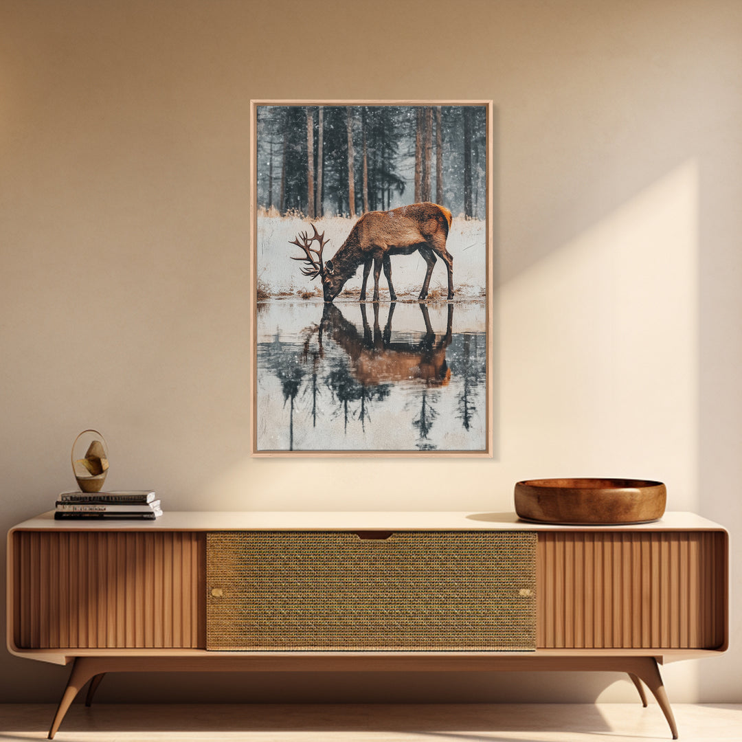 Elk Drinking Water Oil Painting Print, Framed Canvas, Deer Drinking Water In Forest Painting, Nature Decor, Cabin Wall Art, Winter Wall Art