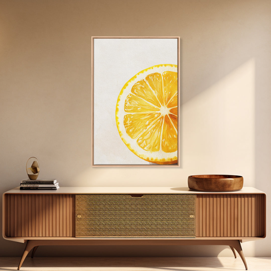 Closeup of a Lemon Wedge Framed Canvas Print, Original Still Life Painting of a Lemon, Housewarming Gift, Kitchen Food Wall Art, Kitchen Decor