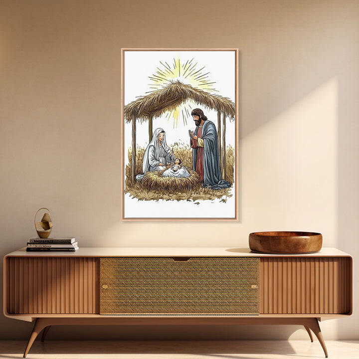 Retro Nativity Painting Print, Christmas Wall Art, Jesus in his Manger, Nativity Wall Art, Rustic Christmas Decor
