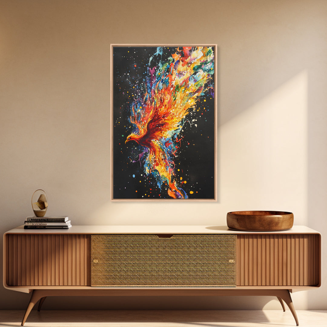 Rainbow Phoenix In Flames, Retribution, Framed Canvas Print, The Phoenix, Framed Wall Art, Original Painting Phoenix