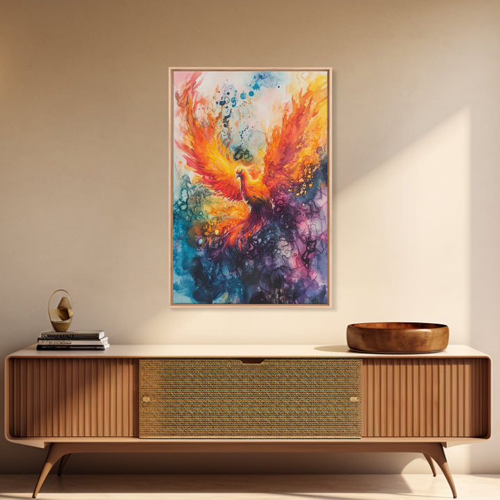 Rising Phoenix Canvas Print Wall Art - Majestric Watercolor Painting On Vertical Canvas, Framed and Ready To Hang, Hardware Included