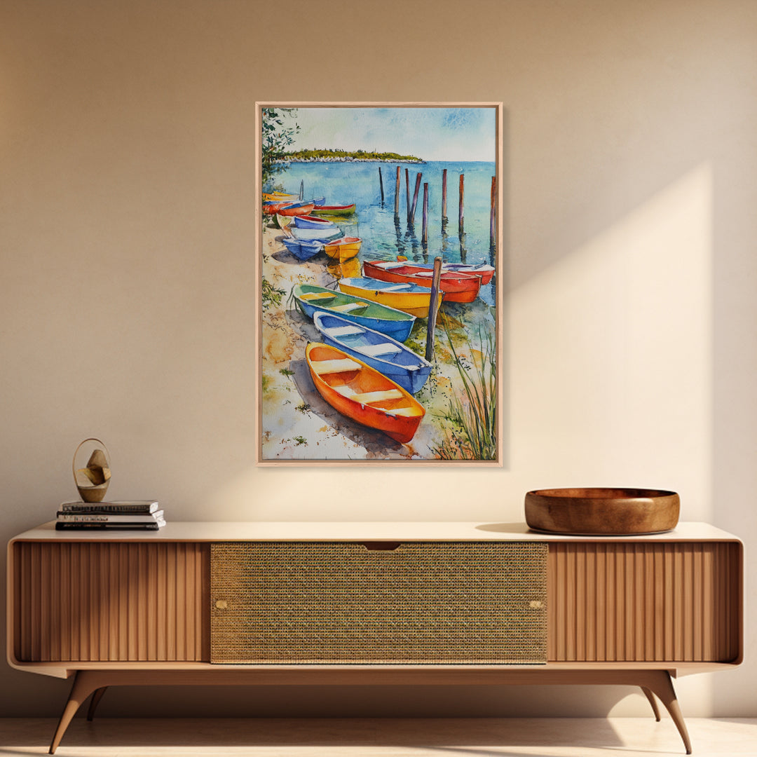 Kayaks On The Ocean Framed Canvas Print, Maine Painting, Coastal Decor, Cute Coastal Wall Art, Preppy Decor, Coastal Landscape Painting