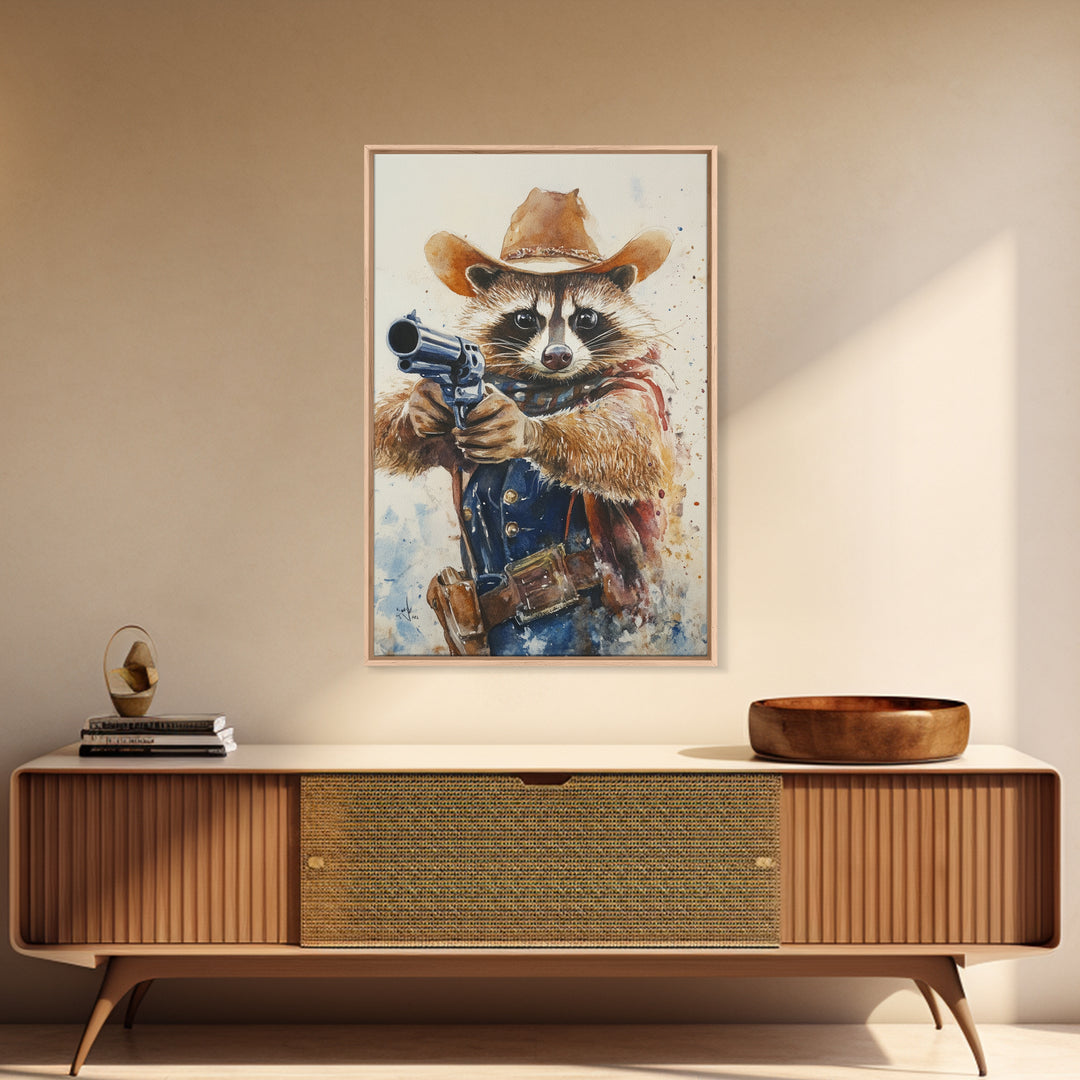 Rootin' Tootin' Racoon Cowboy, Framed Canvas Print, Ready to Hang, Racoon Painting