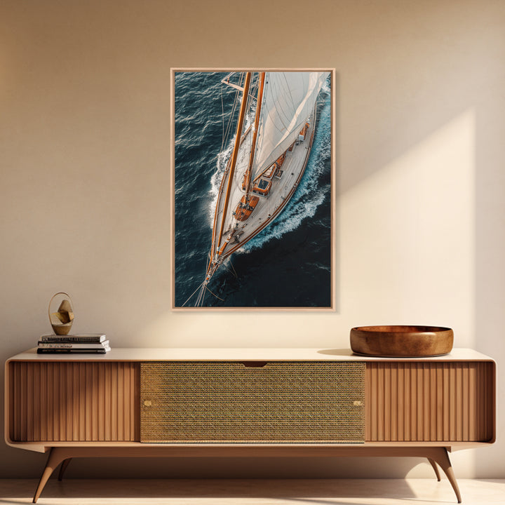 Bird's Eye View Of A Sailboat, Framed Canvas Print, Sail Boat Photography Print, Sailboat Painting, Nautical Decor, Nautical Wall Art
