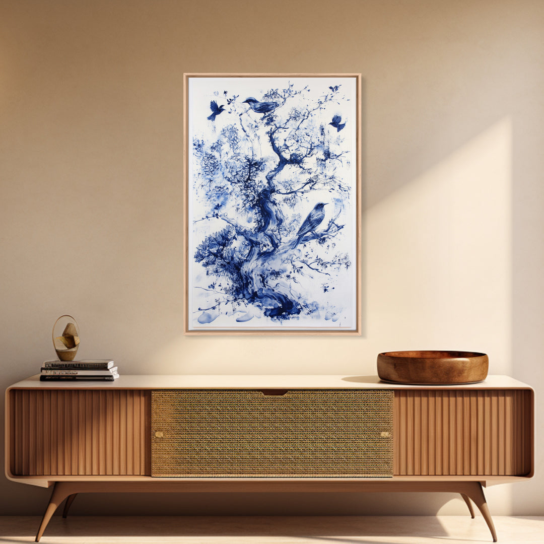 Chinoiserie Wall Art Framed Canvas Print, Blue Tree and Birds, Botanical Print, Birdwatcher Gift Idea, Chinoiserie Style Painting